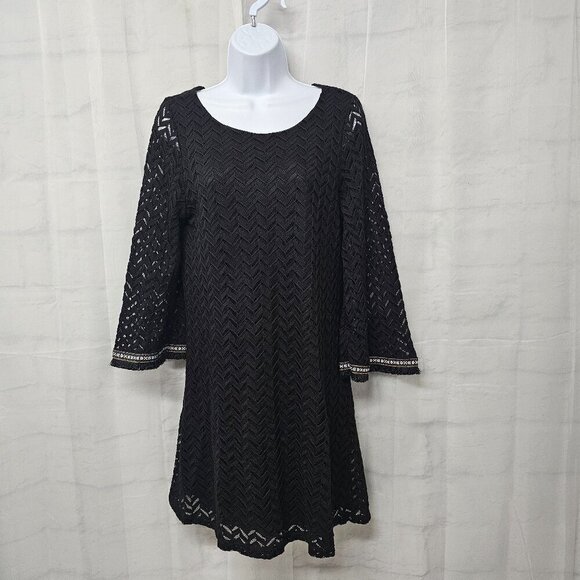 Zouk Black Crochet Lace Shift Dress Boho Goth Party Aztec Fringe L - Picture 1 of 11